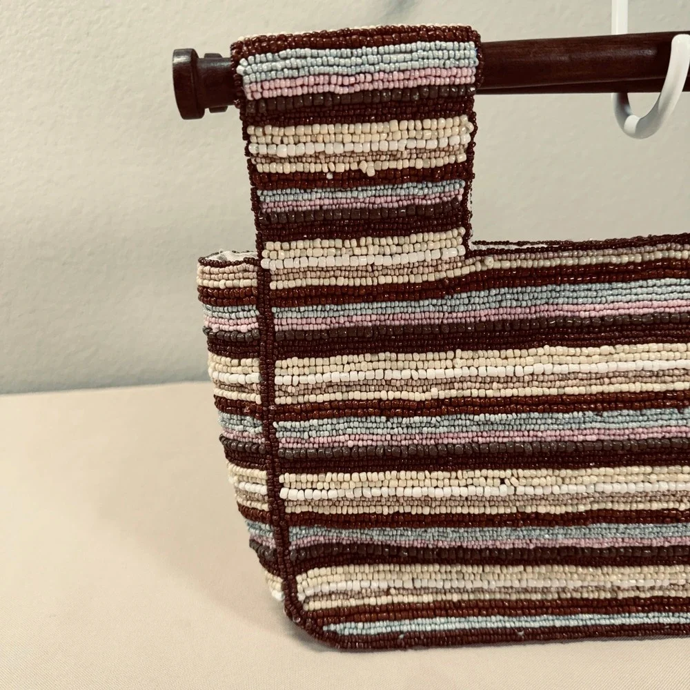 Antonio Melani Glass Bead Handbag Wood Handle Brown‎ Cream Blue Pink Summer Boho - Picture 8 of 16